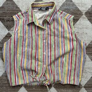 1980 Vintage Bonjour Rainbow Sleeveless Shirt, Tie Knot, Cropped, Denim  Large